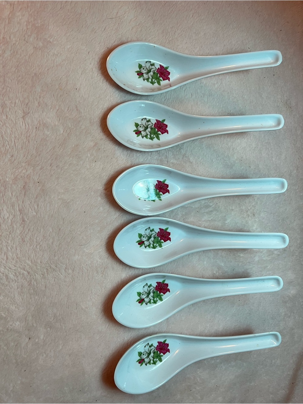 White Melamine Asian Soup Spoons with Pink Floral Accent - Set of 6